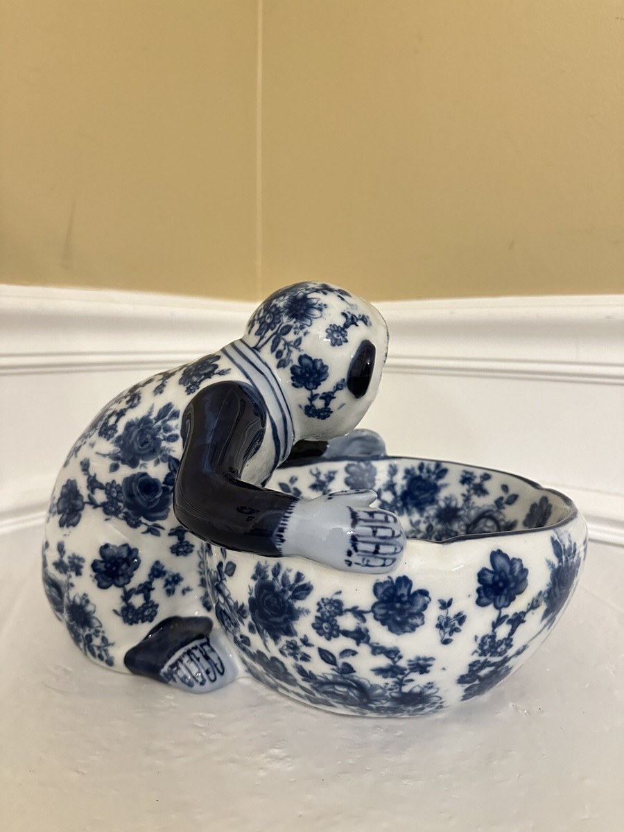 Large Vintage Chinoiserie Chinese Blue and White Ceramic Monkey