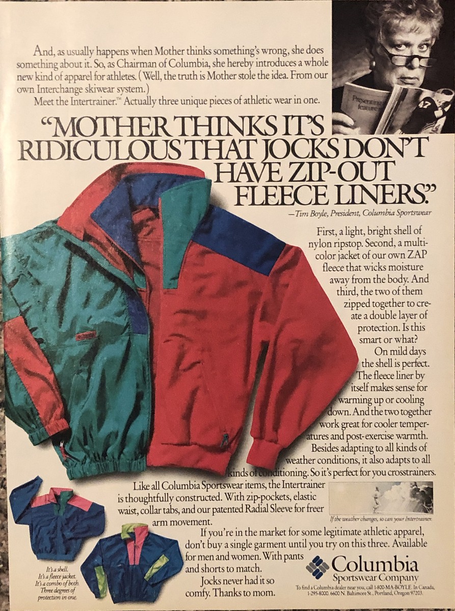 1990 Columbia Sportswear Mother Gert Boyle PRINT AD Color Block