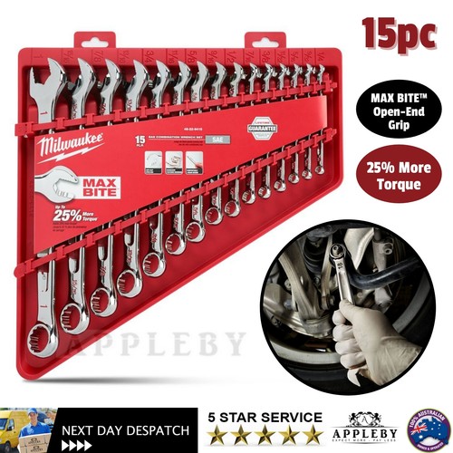 New Milwaukee 48229415 15pce SAE Combination Wrench Set Max Bite Open-End Grip - Picture 12 of 12