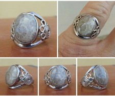 925 SILVER RING Women Coral Fossil Solitaire