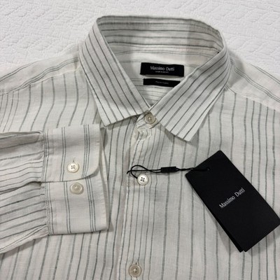 Massimo Dutti Mens Button Down Shirt XL Striped 100% Linen White Green NWT