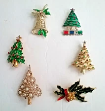 6 Vintage Napier Gerry KC Christmas Brooches Pins Gold Silver Tone Rhinestone