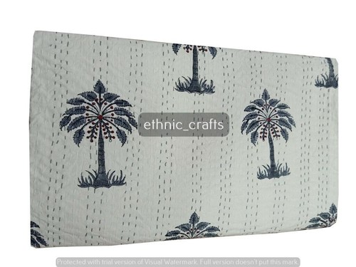 Indian Hand Block Print Queen Size Cotton Kantha Blanket Reversible Quilt - Picture 4 of 4