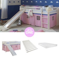 Lit superposé 90x200 Toboggan d'enfant mezzanine Matelas Rideau Rose Homestyle4u