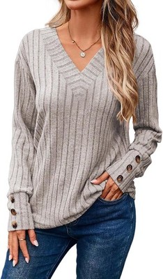 Dokotoo Damenpullover Mit Langem Arm Eleganter V-Ausschnitt Grau XL