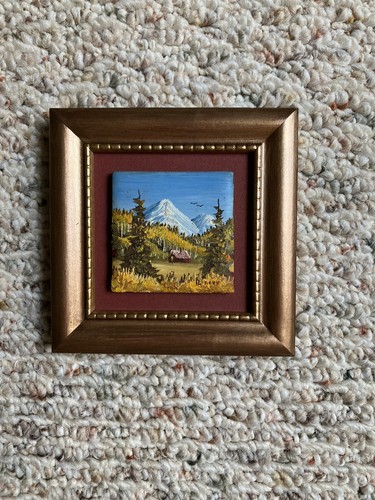 Vintage orig Miniatur Ölgemälde auf Keramik; Berglandschaft; Vintage Holzrahmen - Bild 2 von 8