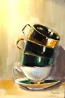 VINTAGE  GREEN and gold cups  Oil Painting 8x12in UKRANE