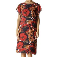 Loft Poppy Print Floral Shift Dress Ruffle Slv Sz M Knee Length Red Orange