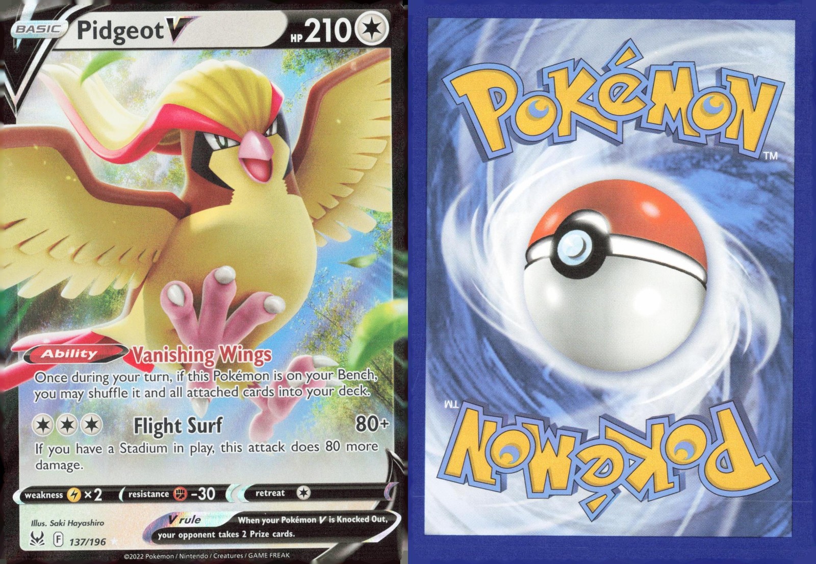 Pidgeot V 137/196 Holo V Rare Lost Origin Pokemon Near Mint
