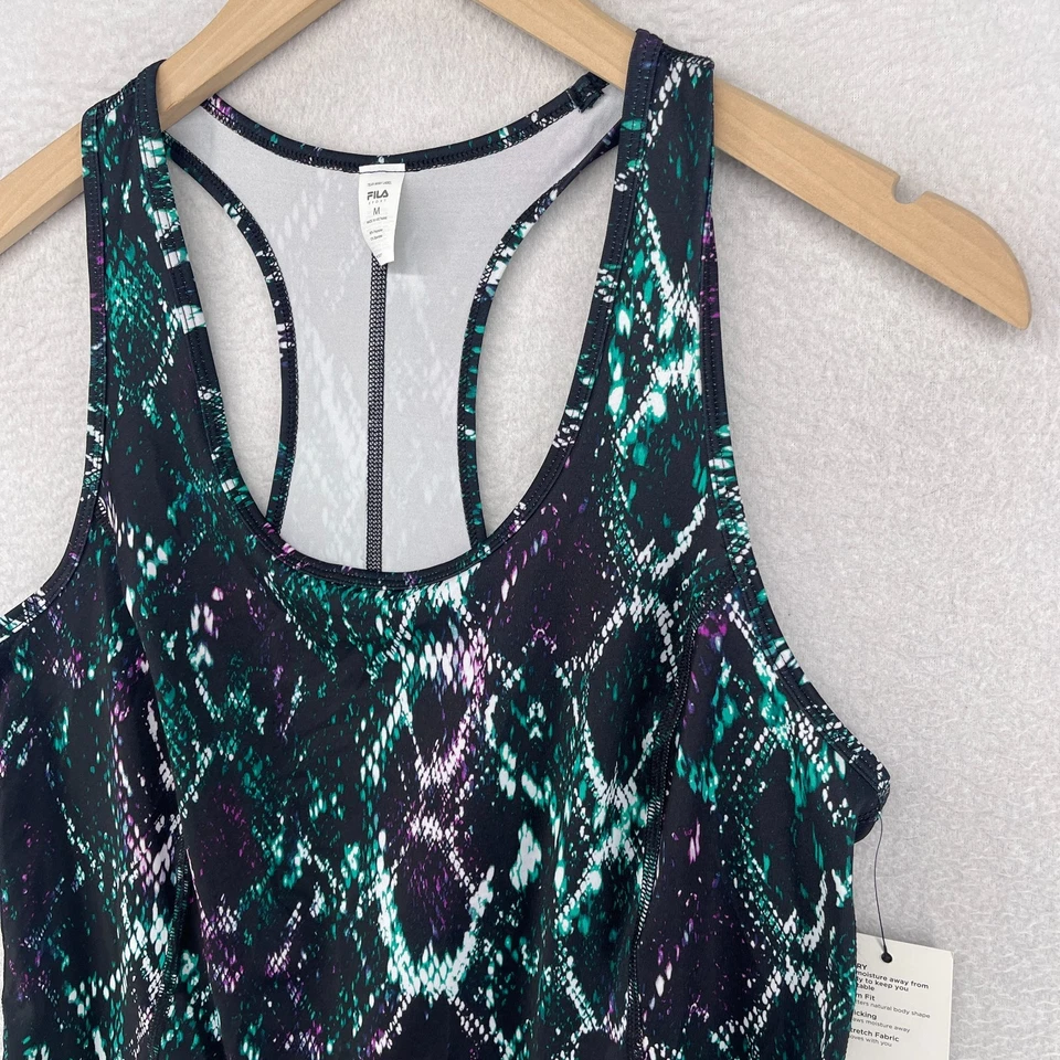 FILA Tank Womens M SPORT Geo Snake Print Tru-Stretch Core Racerback Green NEW - Image 4 of 4