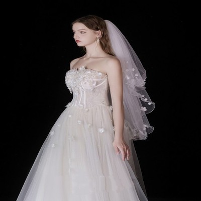 White Pearl Petals Double Layer Bridal Veil