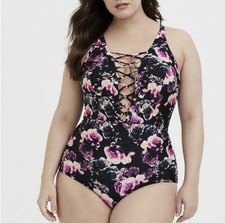 Torrid Sz 1x Wireless Lattice One Piece Strappy Swimsuit Floral Deep V 14-16