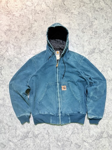 Vintage Carhartt J06 DTL Quilted Lined Active Jacket Teal Blue Fade Size Medium