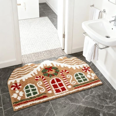 Christmas Bathroom Rug Soft Gingerbread House Non-Slip Absorbent Bath Mat