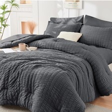 Queen Comforter Set Seersucker 7 Pieces - All Season Queen 88"x88" Dark Grey