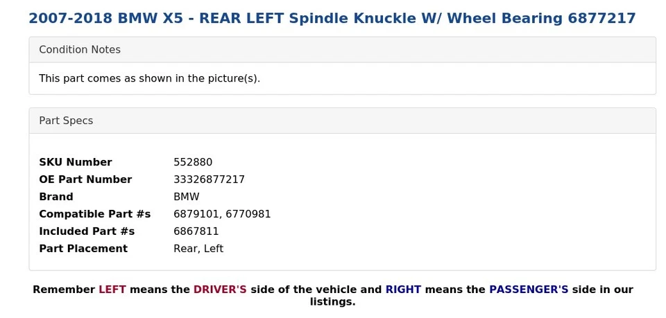 2007-2018 BMW X5 - REAR LEFT Spindle Knuckle W/ Wheel Bearing 6877217 - Image 4 of 4