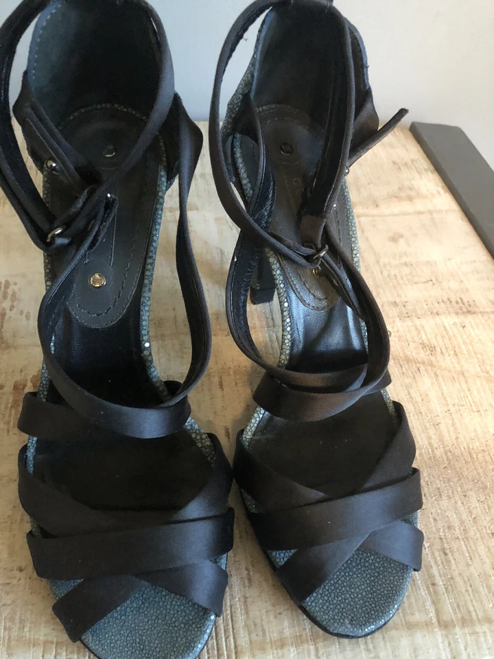 CELINE Pebbled Blue Leather and black silk Strappy Sandals sz 38 US 8 - Image 3 of 4