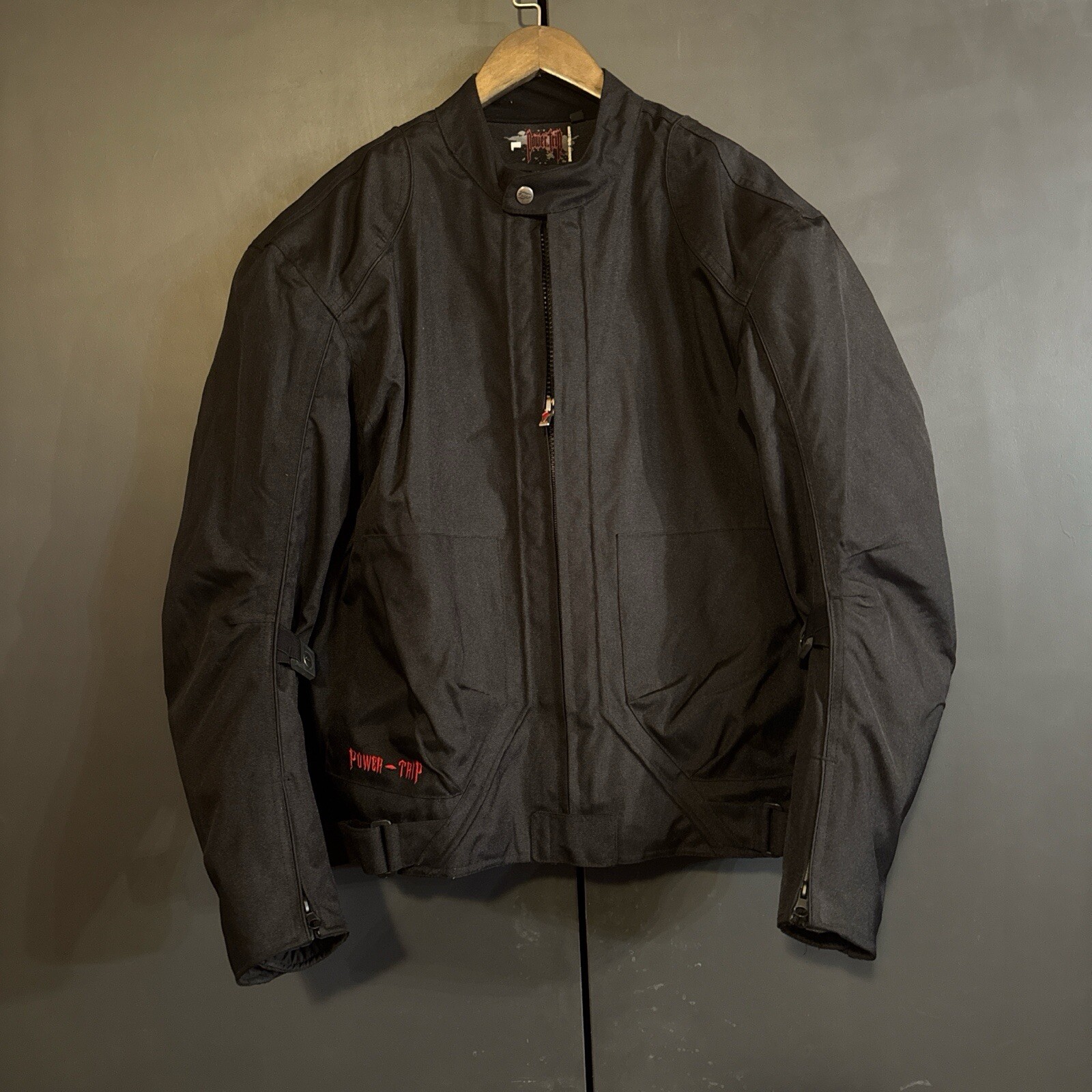 POWER TRIP Large Men Full Zip Lined Motorcycle Jacket Protectors Black Reflect