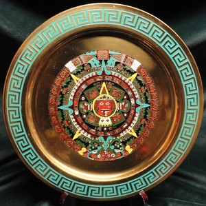 CALENDAR AZTEC MAYAN MEXICO BRASS ENAMEL WALL PLATE Plaque 11” Vintage --LOOK