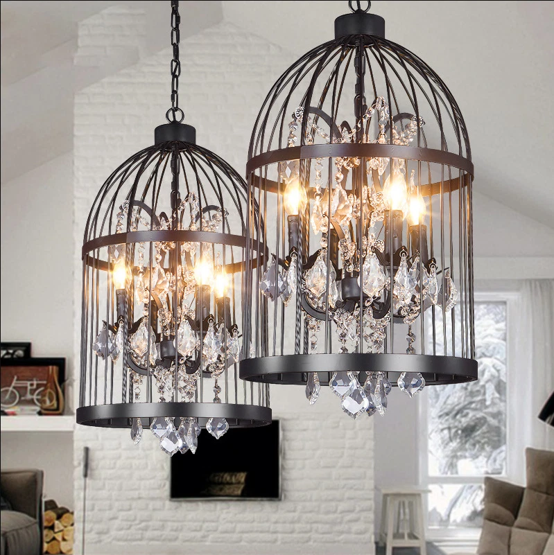 Vintage Black Wrought Iron Bird cage Chandelier Crystal Hanging Ceiling Light - Image 2 of 4
