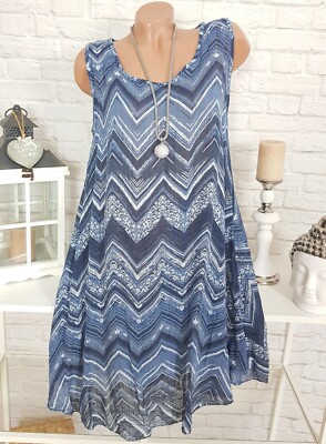 Italy Kleid Oversize Midi Sommer Strandkleid Zickzack Muster Blau Weiß 44 46