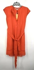 Collective Concepts Womens Orange Tie Belt Cap Sleeve Laser-Cut Shirt Dress L