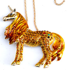 Gold Crystal  Enamel Unicorn Pendant Gold tone 25" Necklace.  NWOT