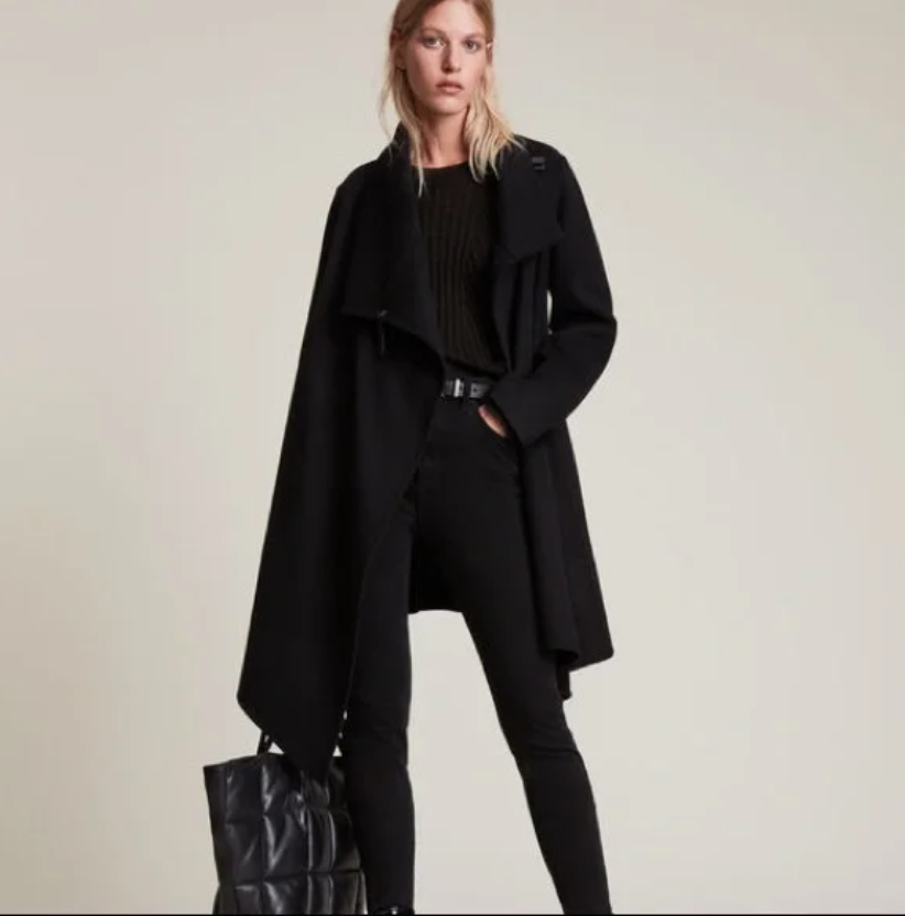 All Saints MONUMENT EVE WOOL BLEND COAT Draped Shawl Collar swings