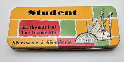 Vintage Student Mathematical Instruments Set Metal Box Divider Compass Rulers ..