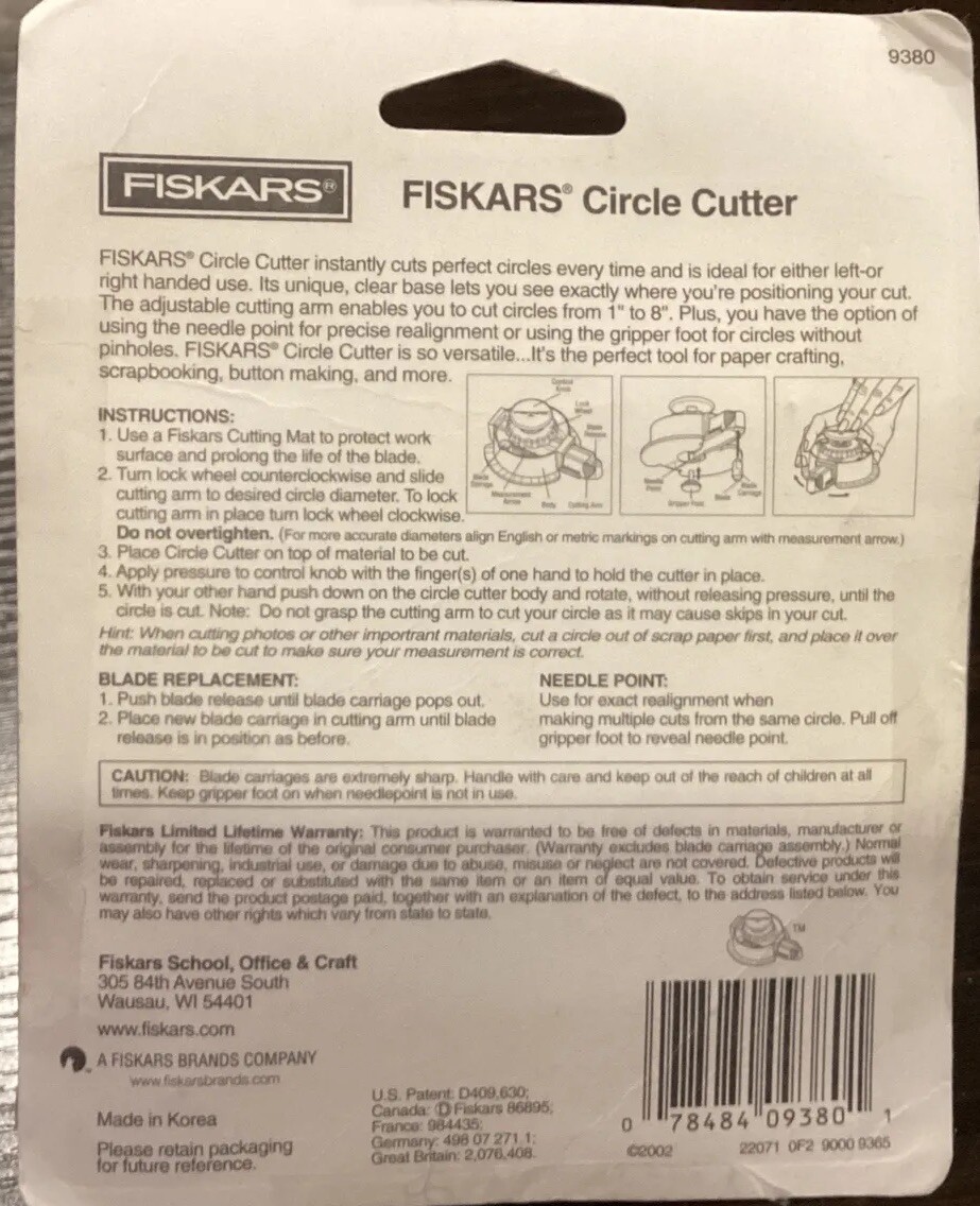 Fiskars Circle Cutter Up to 8" Used 1 Time 3 Blades Included In