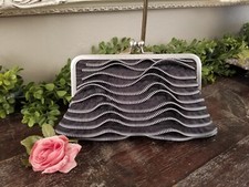 Vintage Black Zipper Detail Kisslock Cocktail Evening Clutch Purse with Chain