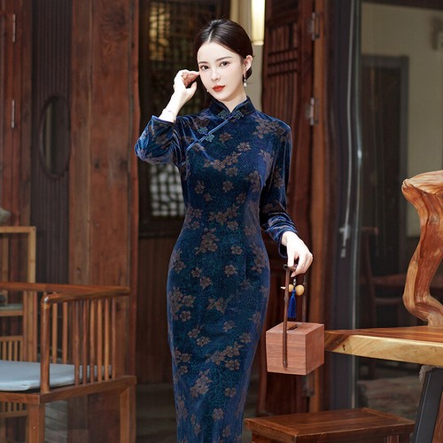 Mujeres Otoño Invierno Terciopelo Vestido Qipao Chino Tradicional Cheongsam Baile de graduación Vestidos - Imagen 2 de 7