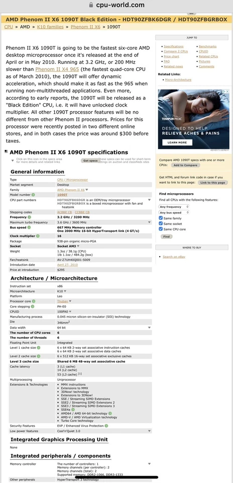 AMD Phenom II X6 1090T Black Edition 3.2GHz AM3 125W Hexa-Core AM3 CPU PROCESSOR - Image 3 of 3