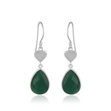 Green Onyx Gemstone 925 Sterling Fine Silver Heart Design Dangle Earrings