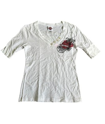 Harley Davidson Women s V Neck Button Down White Blouse T Shirt Size Small