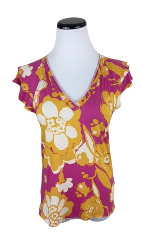 Maeve Anthropologie Catie Ruffle V-Neck Floral Blouse Short Sleeve Pink Size XS