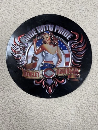 Vintage Harley Davidson "Ride With Pride" Embossed Tin Metal 14" Sign