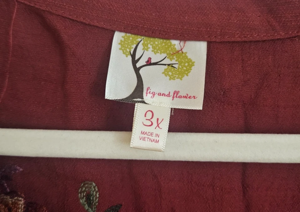 Blusa Anthropologie Bordada Floral con Botones Talla 3X Borgoña Fig & Flower Foto 2 de 4