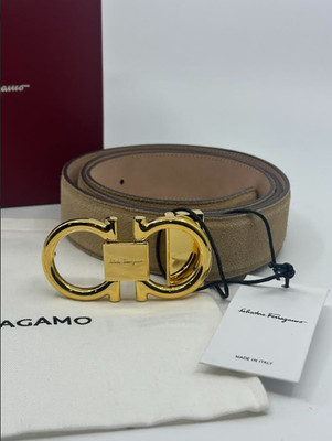 SALVATORE FERRAGAMO Beige Suede Leather Mens Gold Buckle Belt