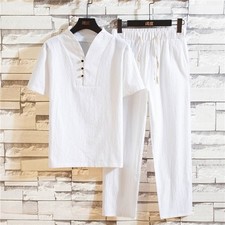 Summer Men's 2pc Cotton Linen Walking Suit Short Sleeve Casual Shirt  Pants Set