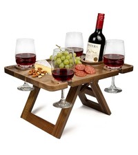 Portable Acacia Wood Wine Picnic Table with Glass Holders, Folding Charcuterie B