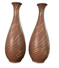 Pair Matching of Tapers Handmade Gold Painted Cut Inspirational Fish Clay Vases