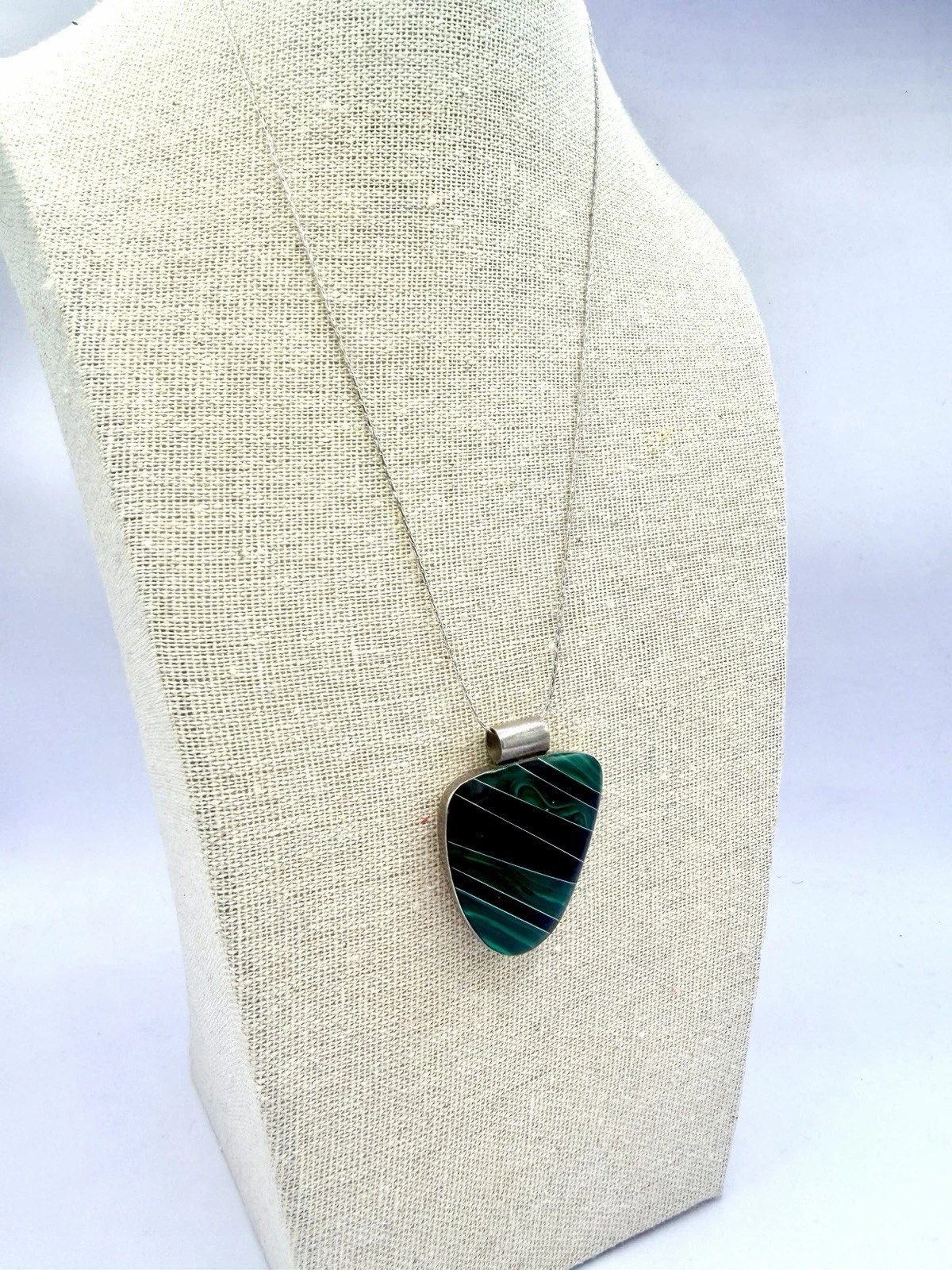 Sterling Silver Malachite Onyx Inlay Pendant Necklace Mexico 925 17 in HS - product detail image 5