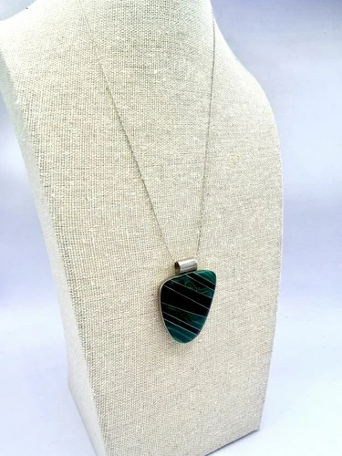 Sterling Silver Malachite Onyx Inlay Pendant Necklace Mexico 925 17 in HS image 5