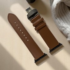 Premium Brown Leather Apple Watch Band 42mm 44mm 45mm 49mm - SS Butterfly Clasp