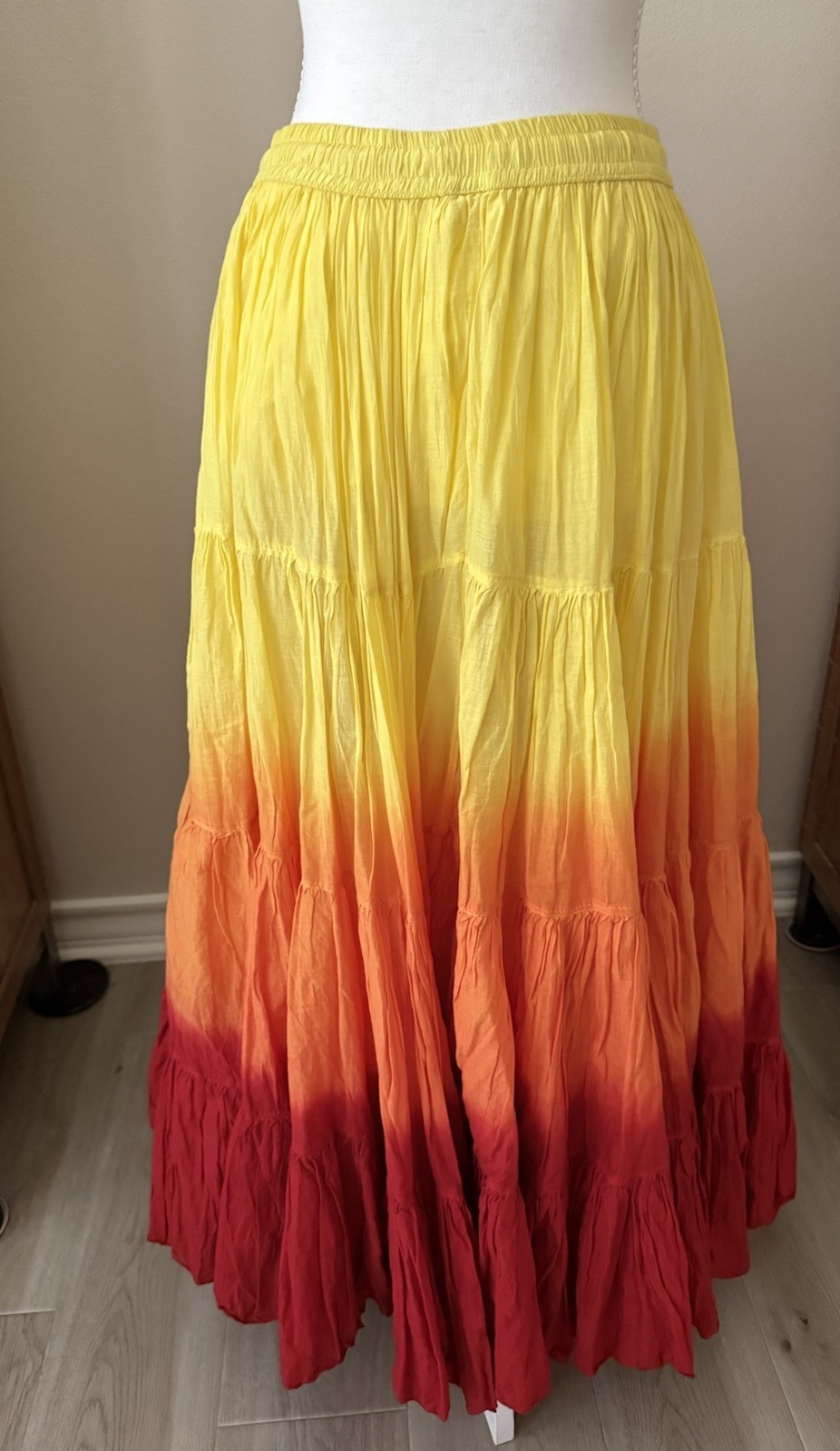 Wevez Ombre Maxi Skirt Yellow Orange Red Tiered Boho Cotton Festival