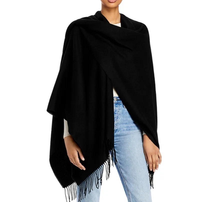 FRAAS soft open front lightweight fringe ruana poncho topper - Black~