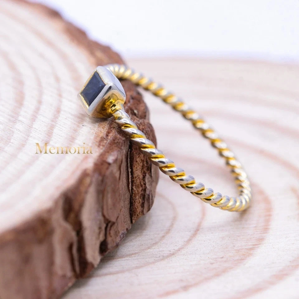 925 Argento Sterling Naturale Taglio Princess Zaffiro Blu Contorto Fedina 6 - Immagine 4 di 4