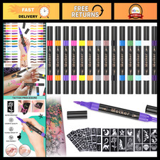 Temporary Tattoo Markers Set, 16 Dual-End Pens, 77 Stencils, Skin-Safe Art