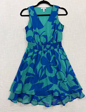 Nine West Blue Green Floral Chiffon Fit & Flare Short Dress Sz XS Ruffled. NWOT.